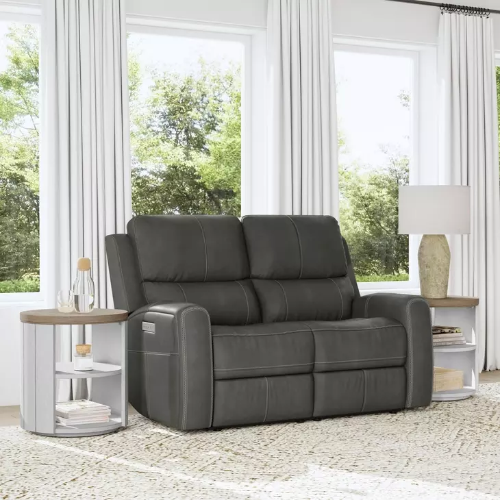 Linden Gray Leather 64" Power Reclining Loveseat With Power Headrest And Lumbar