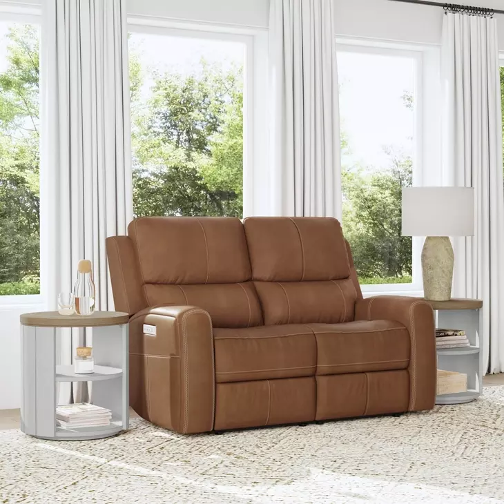 Linden Brown Leather 64" Power Reclining Loveseat With Power Headrest And Lumbar