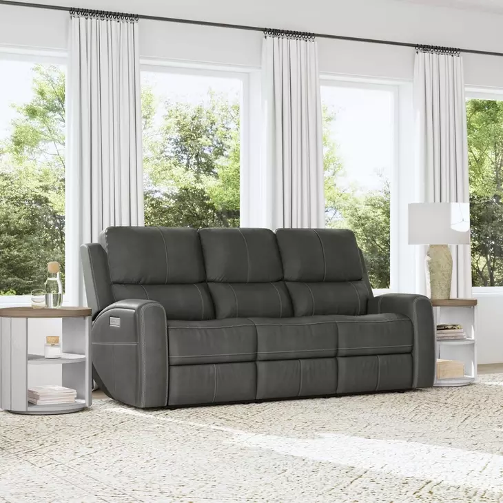 Linden Gray Leather 87" Power Reclining Sofa With Power Headrest And Lumbar