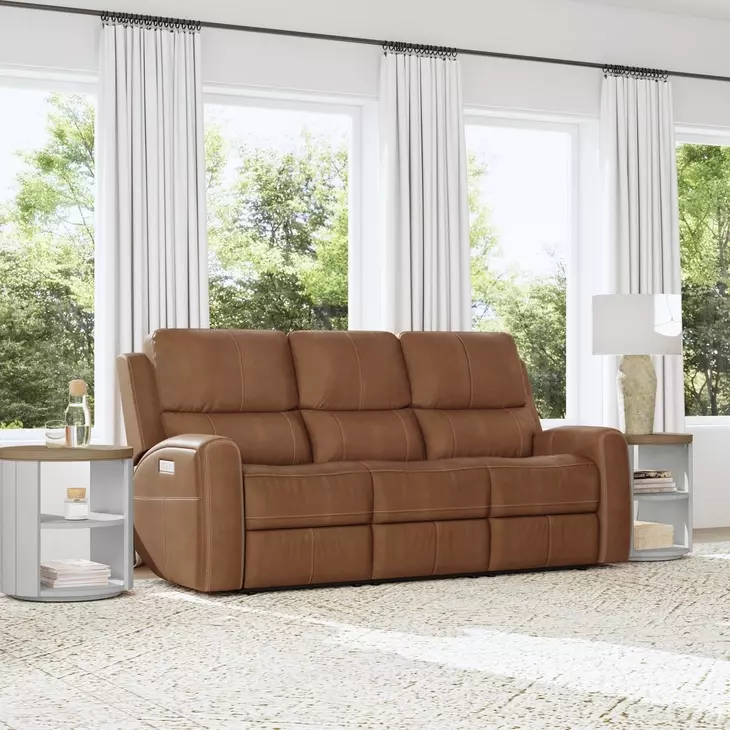 Linden Brown Leather 87" Power Reclining Sofa With Power Headrest And Lumbar
