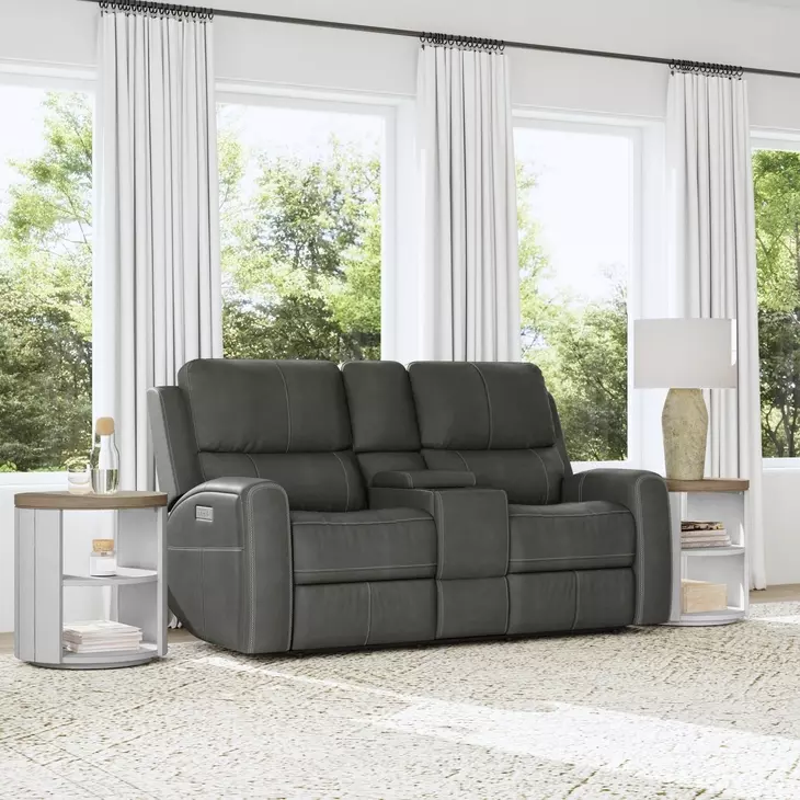 Linden Gray Leather 76" Power Reclining Console Loveseat With Power Headrest And Lumbar