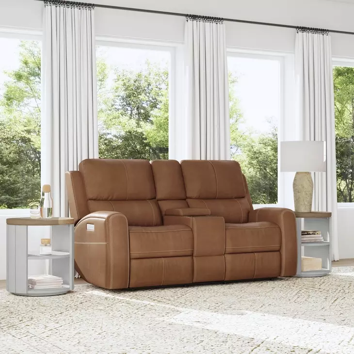 Linden Brown Leather Power Reclining Console Loveseat With Power Headrest And Lumbar