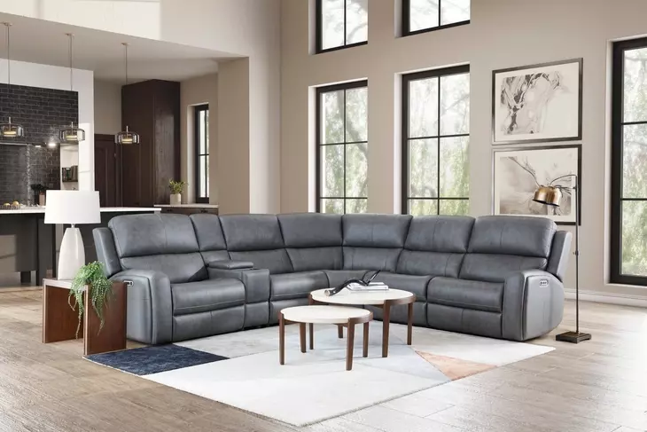 Linden Charcoal Leather 6 Piece Modular Zero Gravity Power Reclining Sectional with Power Lumbar and USB Charging