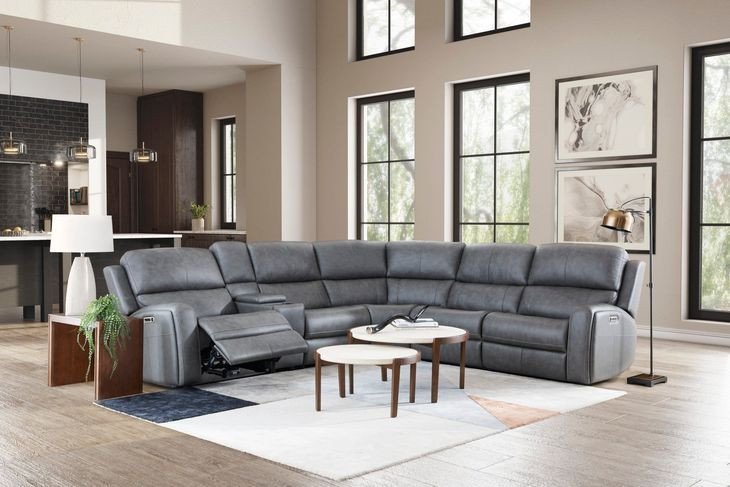 Linden Charcoal Leather 6 Piece Modular Zero Gravity Power Reclining Sectional with Power Lumbar and USB Charging