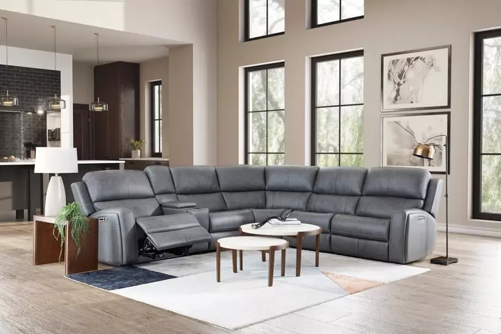 Linden Charcoal Leather 6 Piece Modular Zero Gravity Power Reclining Sectional with Power Lumbar and USB Charging