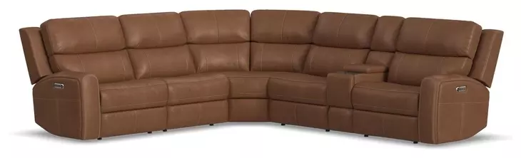 Linden Caramel Leather 6 Piece Modular Zero Gravity Power Reclining Sectional with Power Lumbar and USB Charging