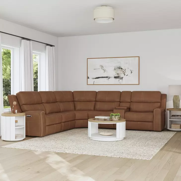 Linden Caramel Leather 6 Piece Modular Zero Gravity Power Reclining Sectional with Power Lumbar and USB Charging