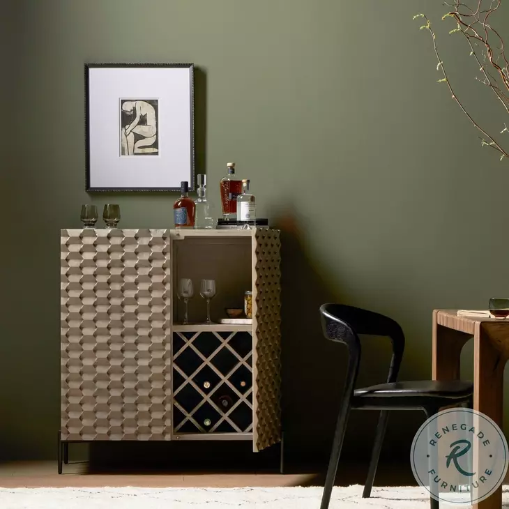 Raffael Carved Stonewash Grey Mango 2 Door Bar Cabinet