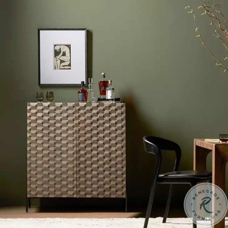 Raffael Carved Stonewash Grey Mango 2 Door Bar Cabinet