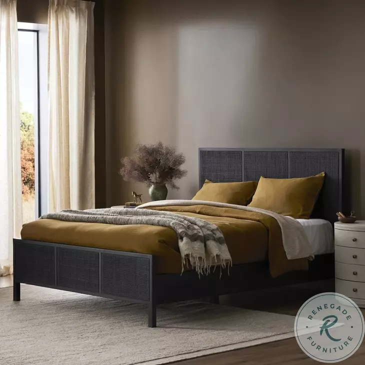 Sydney Black Wash and Black Cane Queen Upholstered Bed