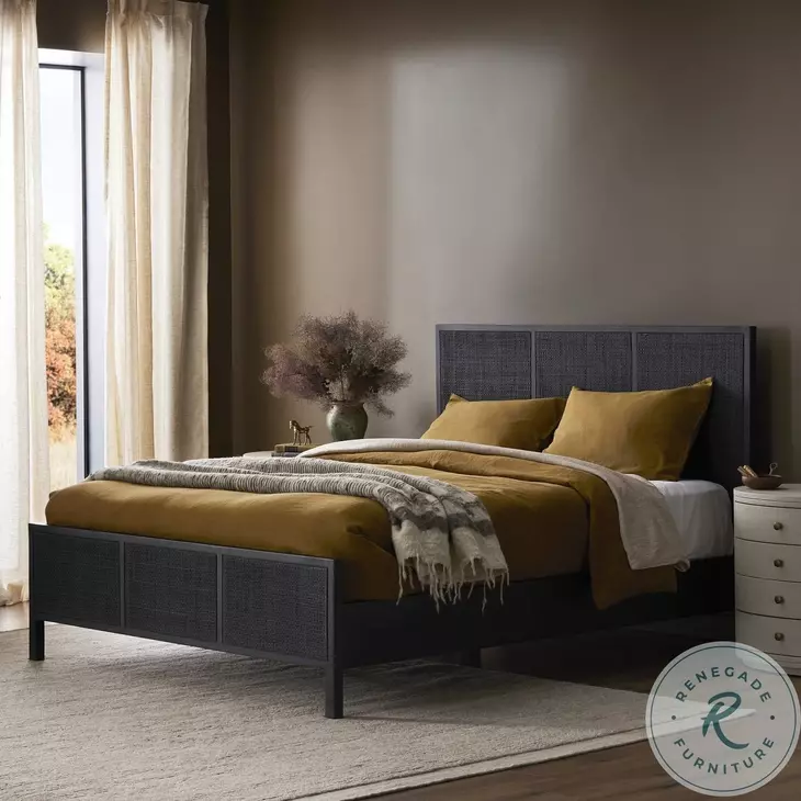 Sydney Black Wash and Black Cane King Upholstered Bed