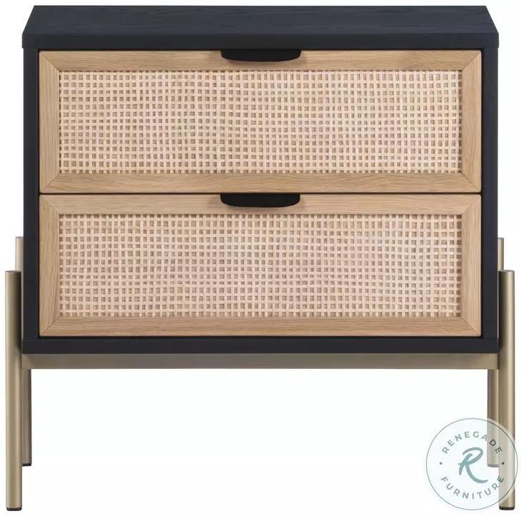 Avida Black Oak and Natural Rattan Nightstand