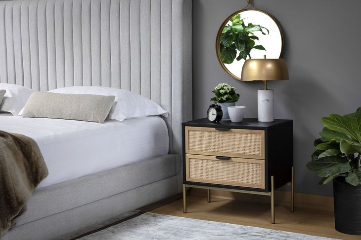 Avida Black Oak and Natural Rattan Nightstand