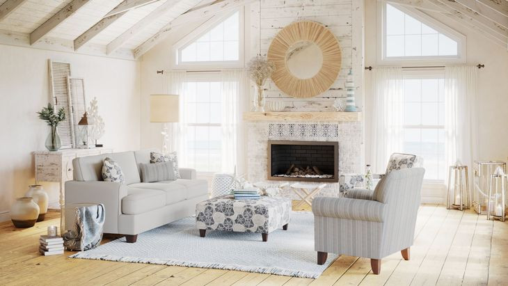 Max Pearl Beige and Blue Performance Fabric Square Cocktail Ottoman