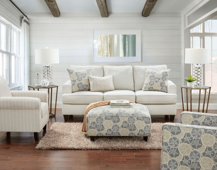 Max Pearl Beige and Blue Performance Fabric Square Cocktail Ottoman