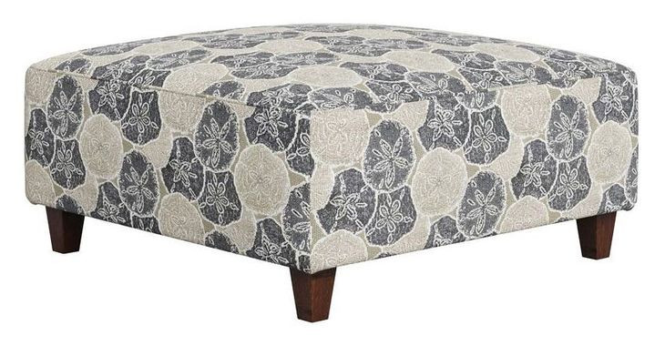 Max Pearl Beige and Blue Performance Fabric Square Cocktail Ottoman