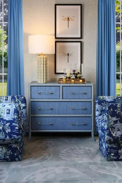 Beckett Matte Light Blue Lacquer 4 Drawer Soft Close Accent Chest With Bamboo Detail In Blue Dyed Grasscloth
