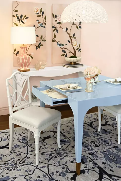 Lacey Light Blue Square Game Table with 2 Drawers