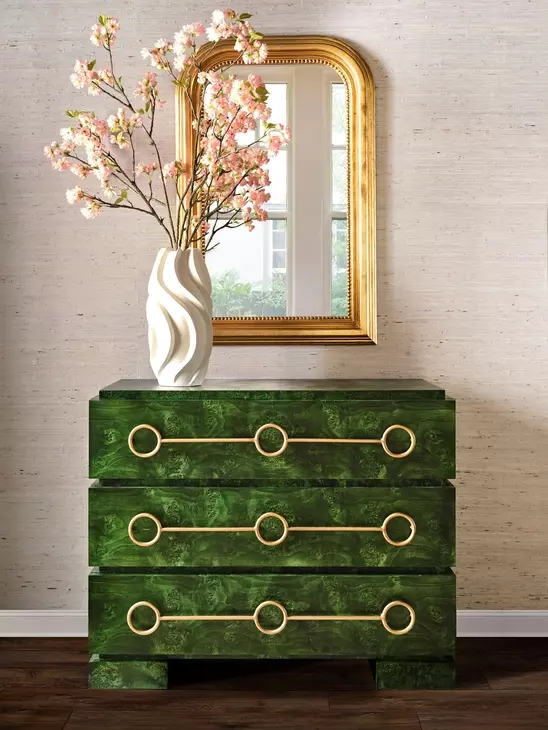 Roderick Matte Emerald Burl Wood 3 Drawer Soft Close Accent Chest