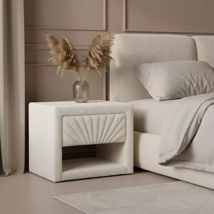 Baris Ivory Upholstered 1 Drawer Nightstand