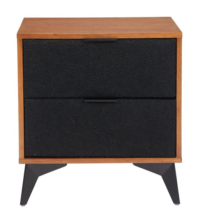 Zarif Black and Walnut Upholstered 2 Drawer Nightstand
