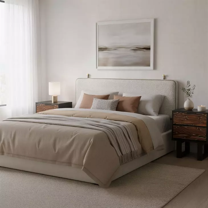 Bela Ivory and Brown Queen Upholstered Floating Headboard