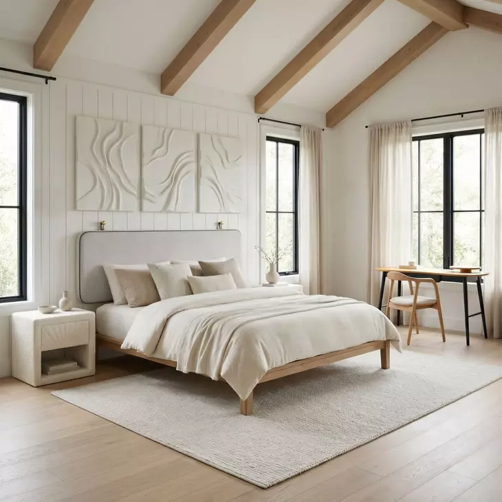 Bela Ivory and Brown Queen Upholstered Floating Headboard
