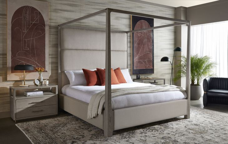 Danette Zenith Taupe Gray King Upholstered Canopy Bed
