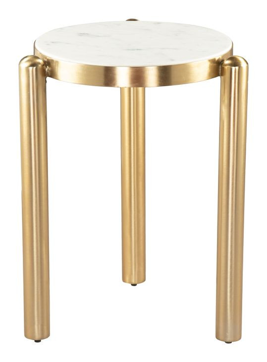Noan White and Gold Round Marble Top Side Table