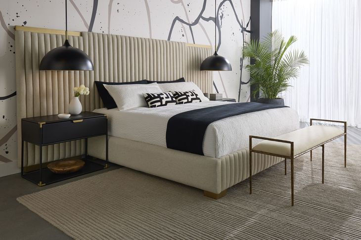 Tarrant Monument Oatmeal Wall Panel King Upholstered Platform Bed