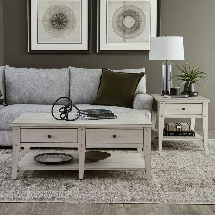 Lake House Weathered White Rectangular Occasional Table Set