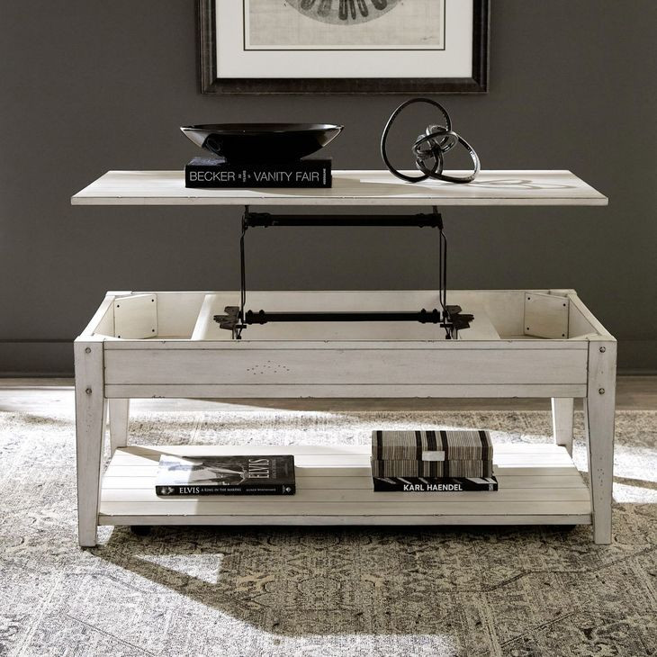 Lake House Weathered White Rectangular Lift Top Cocktail Table