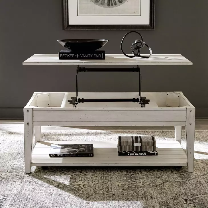 Lake House Weathered White Rectangular Lift Top Occasional Table Set