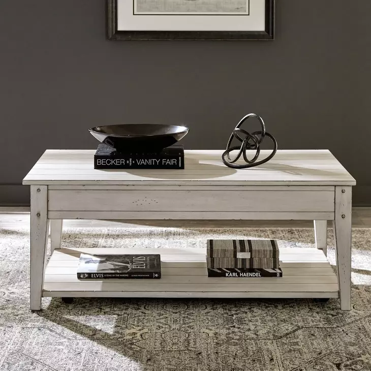 Lake House Weathered White Rectangular Lift Top Occasional Table Set