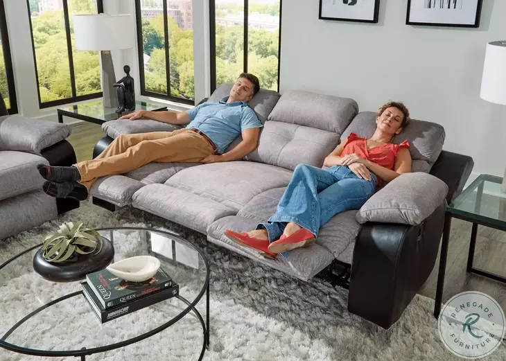 Felix Black And Granite Triple Seat Reclining Sofa with Drop Down