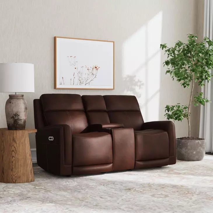 Alister Burnt Umber 71" Triple Power Glider Reclining Loveseat with Console and USB Charging