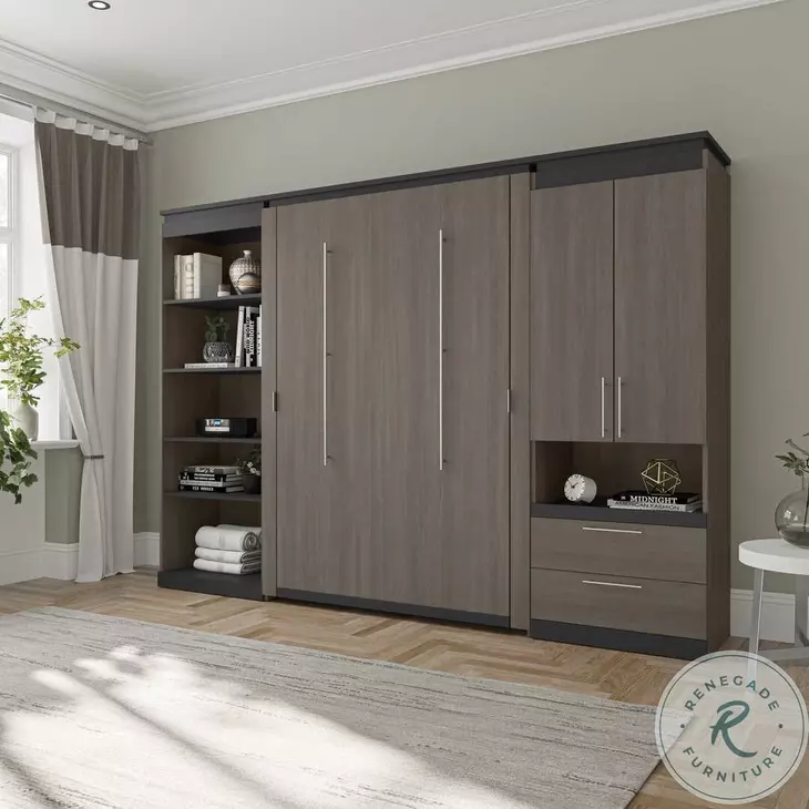Orion Bark Gray And Graphite 118" Full Murphy Bed With Multifunctional Storage
