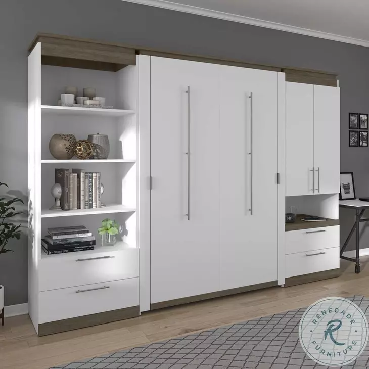 Orion White And Walnut Grey 118" Full Murphy Bed And Multifunctional Storage With Drawers