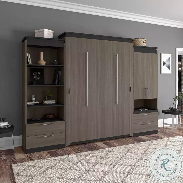 Orion Bark Gray And Graphite 124" Queen Murphy Bed And Multifunctional Storage With Drawers