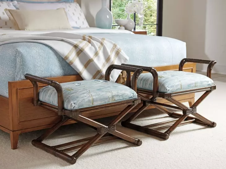 Palm Desert Echo Beach Blue and White Upholstered 32" Bed Bench