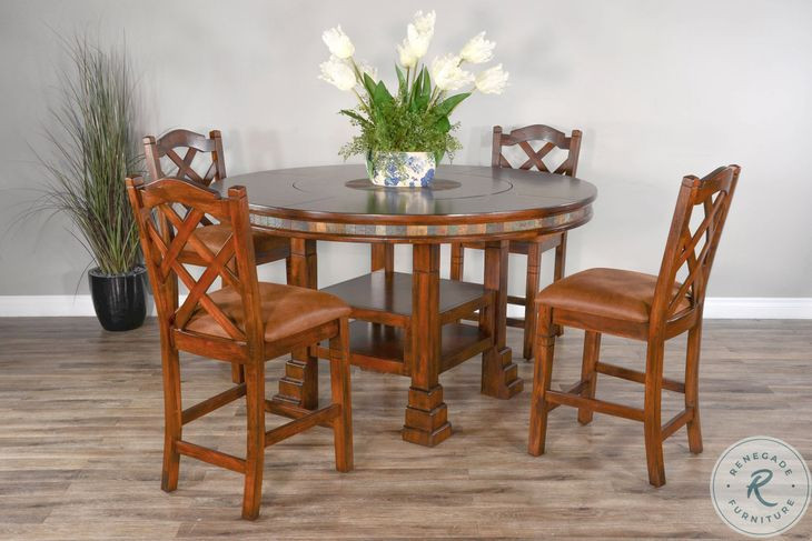 Cozy Luxe Dark Brown 60" Round Adjustable Height Dining Table with Lazy Susan