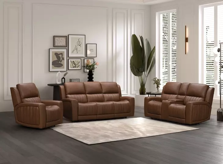 Pierce Homerun Cinnamon Leather Zero Gravity Power Reclining Living Room Set with Power Lumbar and USB Charging