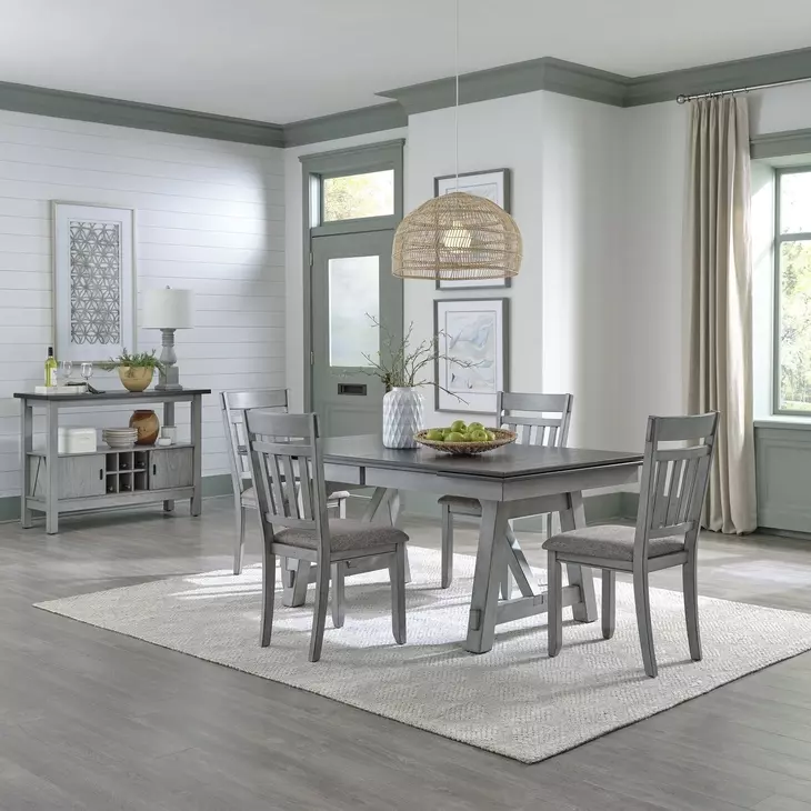 Newport Smokey and Carbon Gray Upholstered 5 Piece Extendable Trestle Dining Set