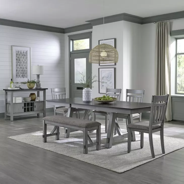 Newport Smokey and Carbon Gray Upholstered 6 Piece Extendable Trestle Base Dining Set