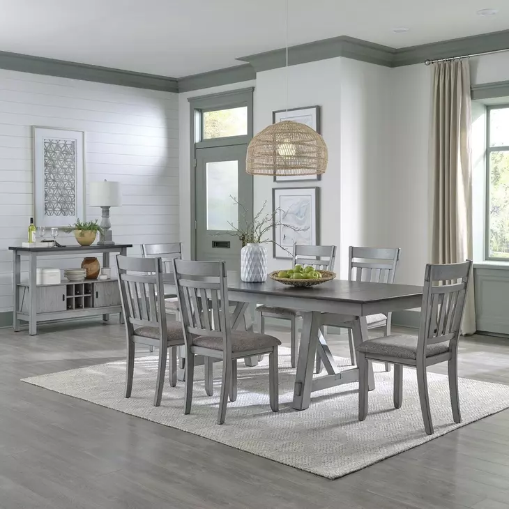 Newport Smokey and Carbon Gray Upholstered 7 Piece Extendable Trestle Base Dining Set