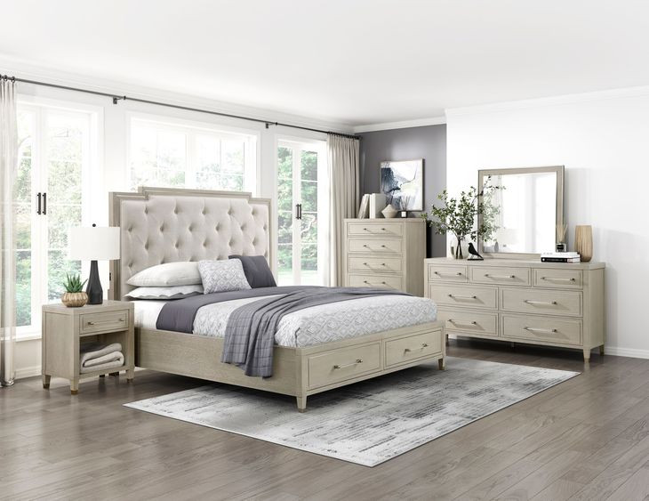 Genoa Light Oak California King Upholstered Storage Platform Bed with USB Charging