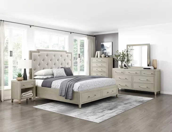 Genoa Light Oak California King Upholstered Storage Platform Bed with USB Charging
