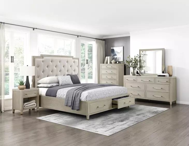 Genoa Light Oak California King Upholstered Storage Platform Bed with USB Charging