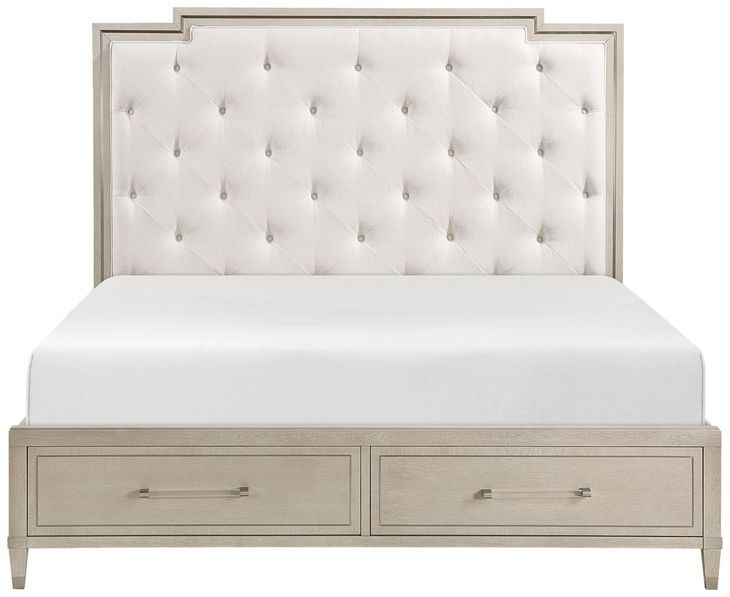 Genoa Light Oak Queen Upholstered Storage Platform Bed with USB Charging