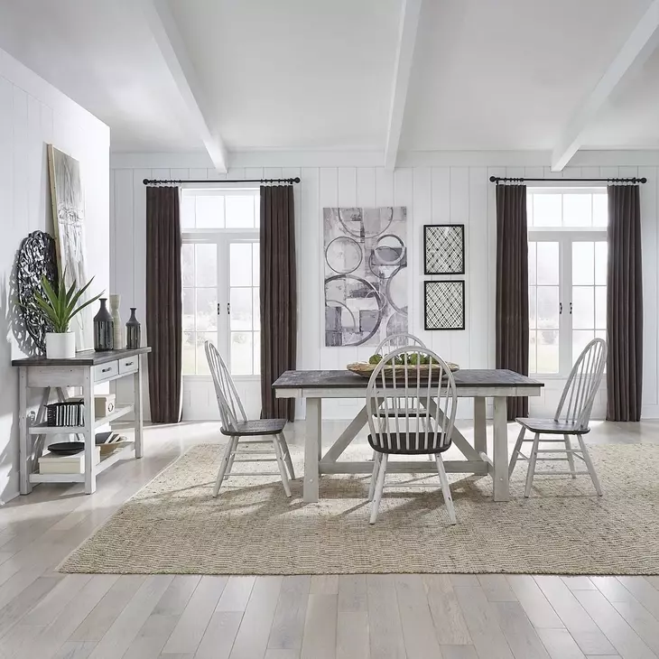 Farmhouse White and Brown 5 Piece Extendable Trestle Base Dining Set
